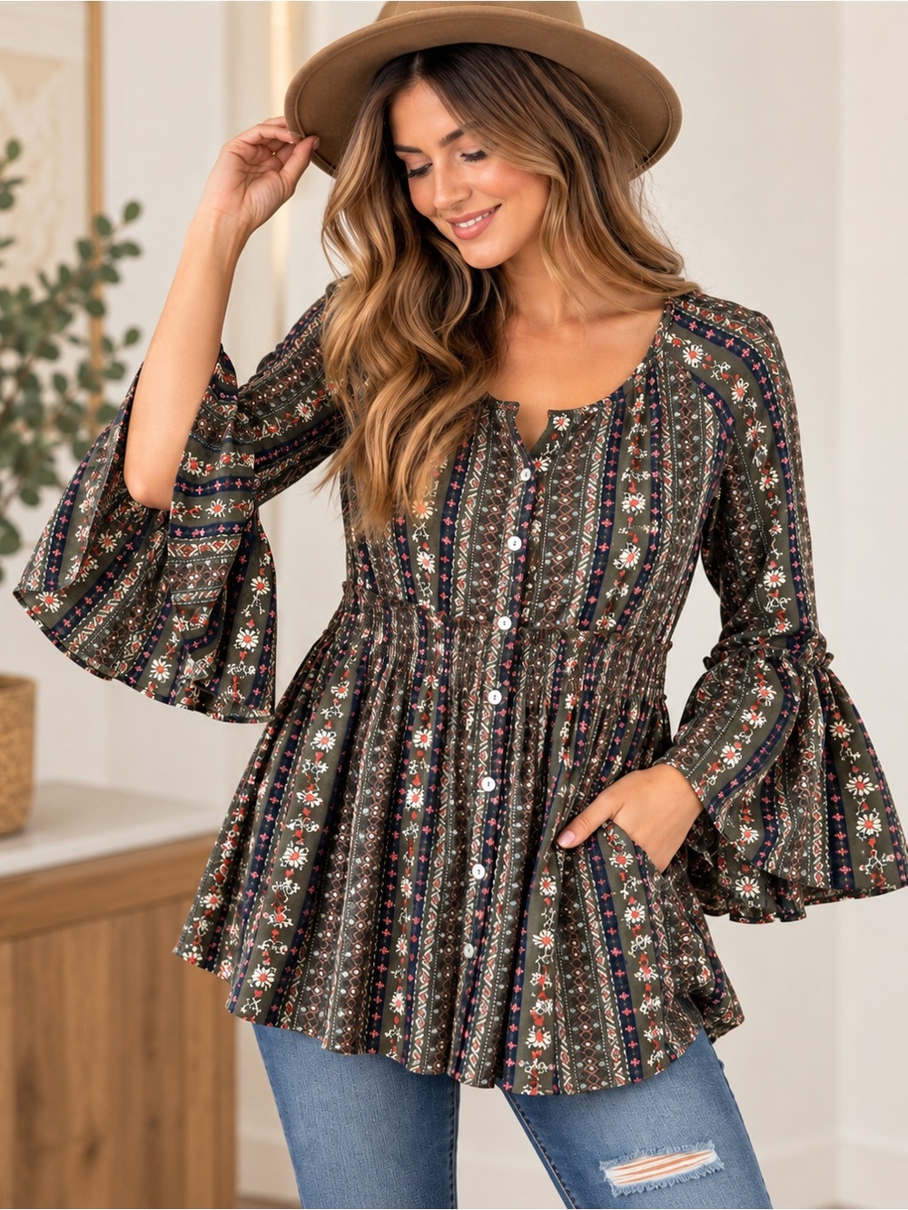 Easel Boho Floral Print Button Front Ruffle Sleeve Babydoll Top Size M